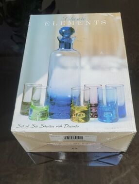 Classic Elements Boxed Set-6 multi color shooters/9 1/2" Blue Decanter